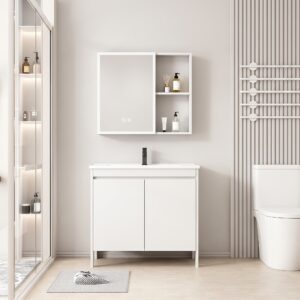 Ensemble Meuble de Salle de Bain sur Pieds avec Armoire de Toilette LED - 60 cm (Blanc)