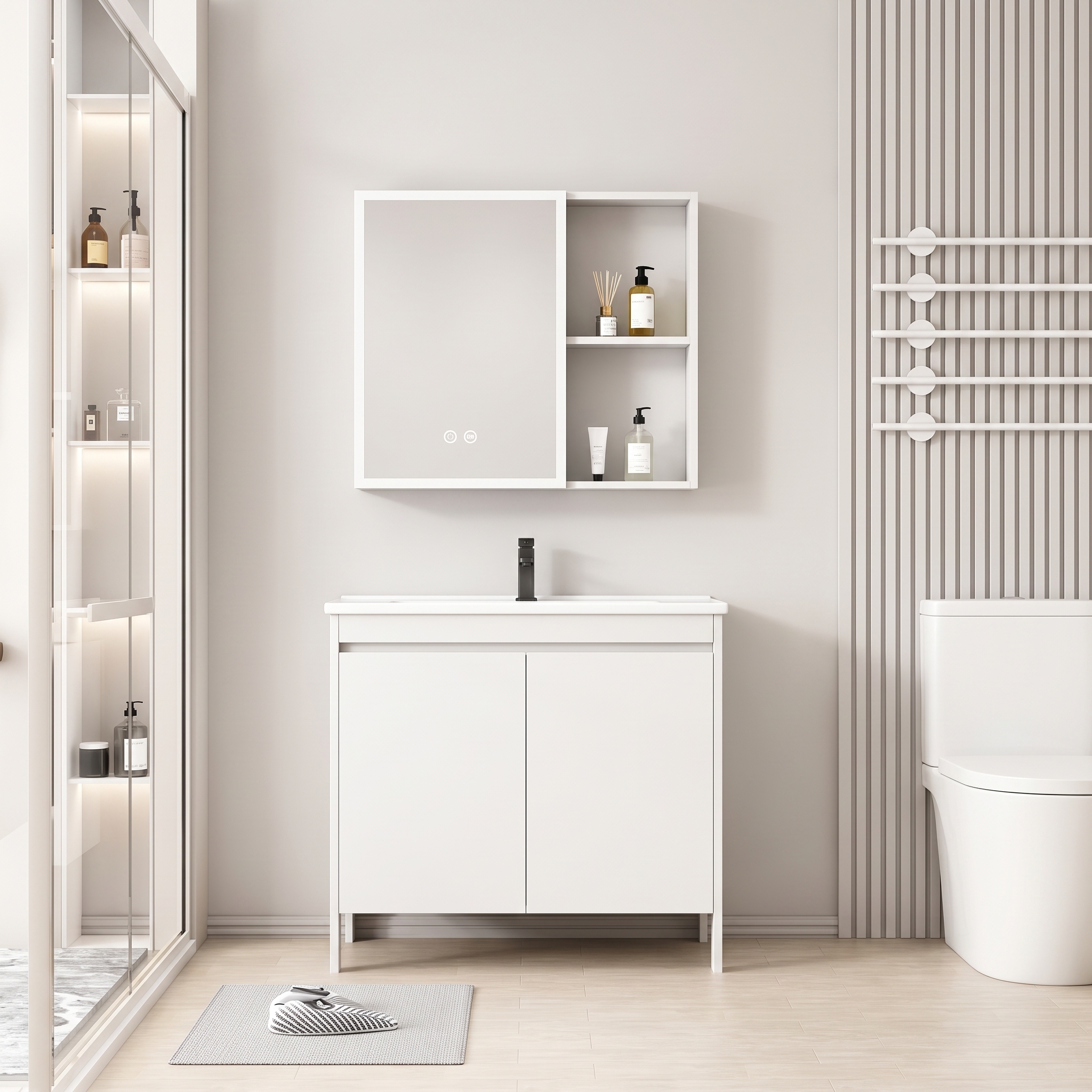 Pack Ensemble Meuble de Salle de Bain sur Pieds avec Armoire de Toilette LED - 60 cm (Blanc)