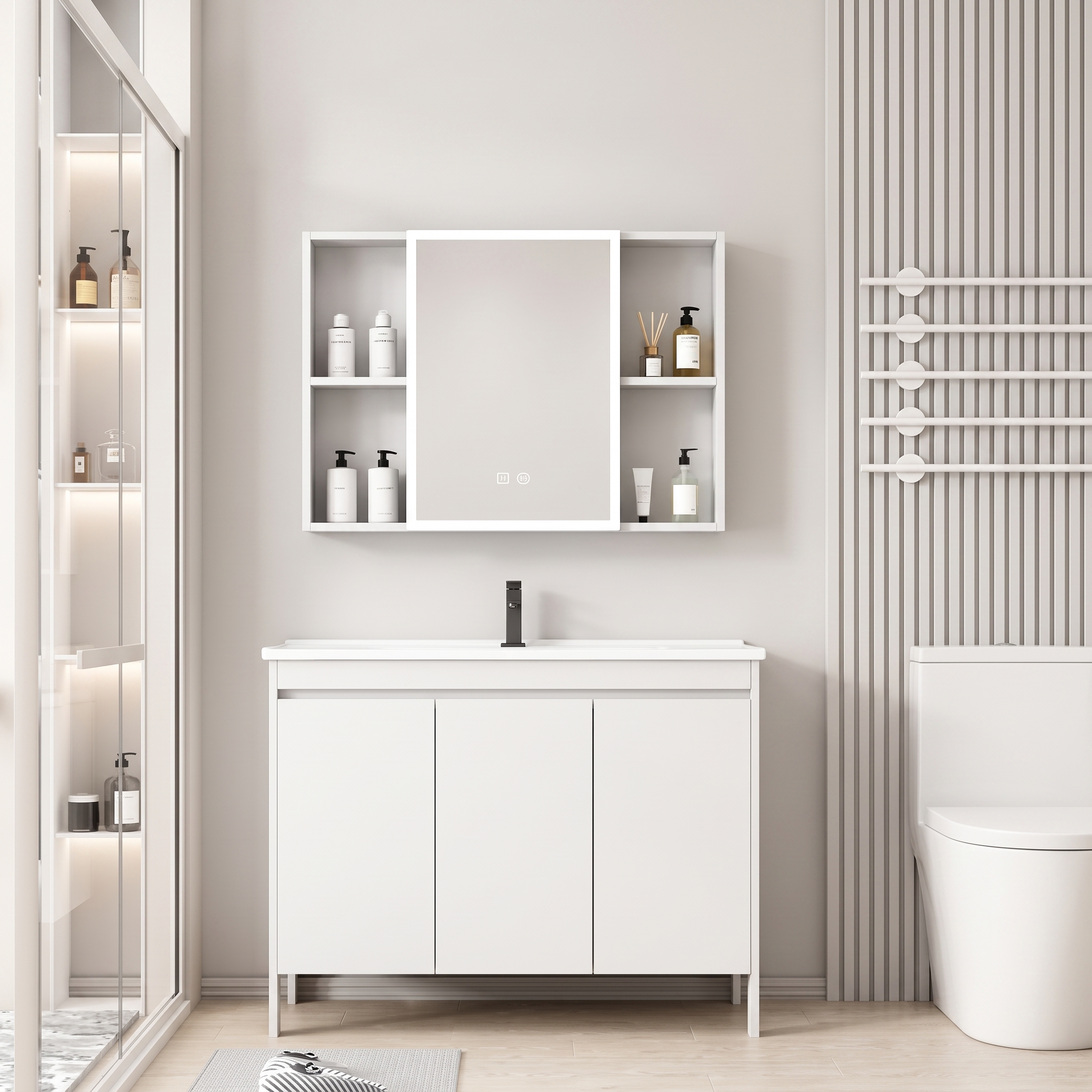Pack Ensemble Meuble de Salle de Bain Familial sur Pieds avec Grande Armoire de Toilette LED Symétrique - 120 cm (Blanc)