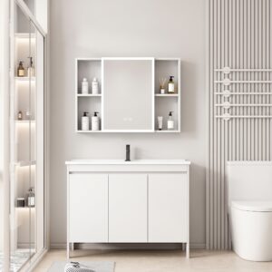 Ensemble Meuble de Salle de Bain Familial sur Pieds avec Armoire de Toilette LED Symétrique - 90 cm (Blanc)