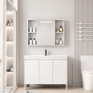Ensemble Meuble de Salle de Bain Familial sur Pieds avec Grande Armoire de Toilette LED Intégrée - 120 cm (Blanc)