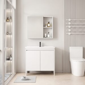 Ensemble Meuble de Salle de Bain Spacieux sur Pieds avec Armoire de Toilette - 80 cm (Blanc)