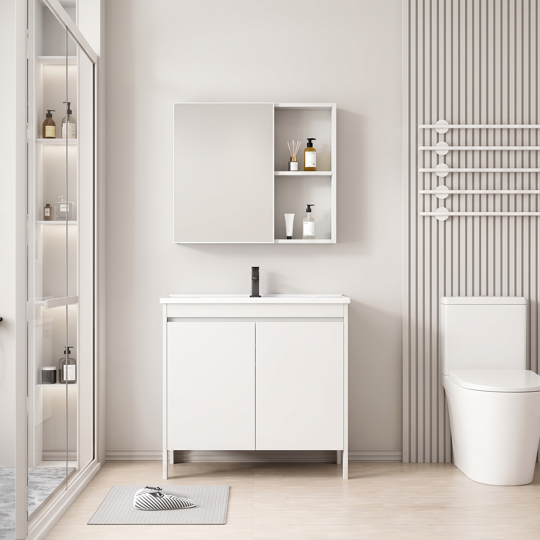 Pack Ensemble Meuble de Salle de Bain Polyvalent sur Pieds avec Armoire de Toilette - 60 cm (Blanc)
