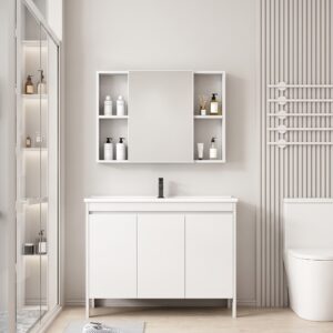 Ensemble Meuble de Salle de Bain Familial sur Pieds avec Armoire de Toilette Symétrique - 90 cm (Blanc)