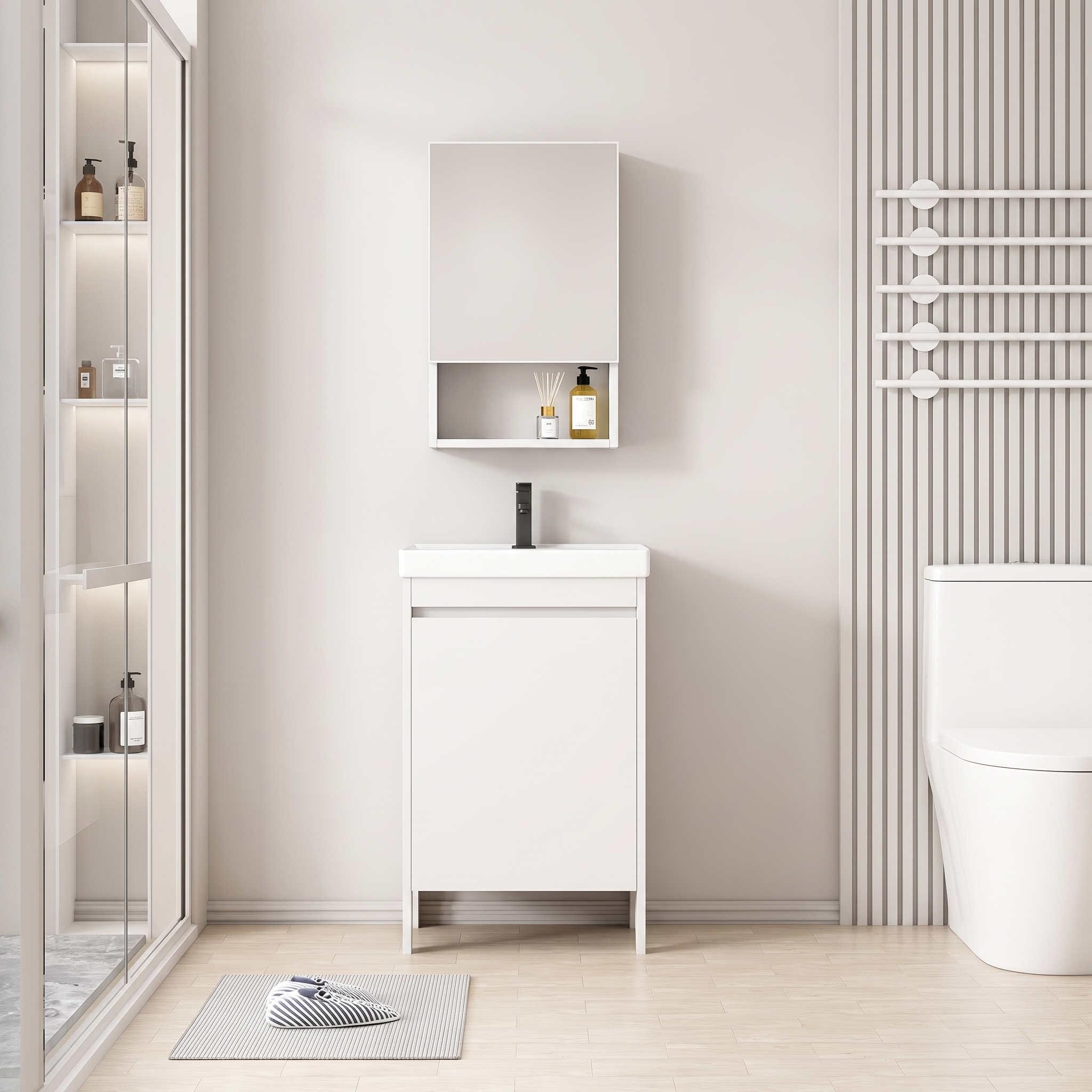 Pack Ensemble Meuble de Salle de Bain Compact sur Pieds avec Armoire de Toilette et Niche - 50 cm (Blanc)