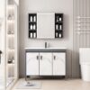 Pack Ensemble Meuble de Salle de Bain sur Pieds Effet Marbre avec Armoire de Toilette LED - Modèle 2029 (Gris Foncé / Marbre Blanc)