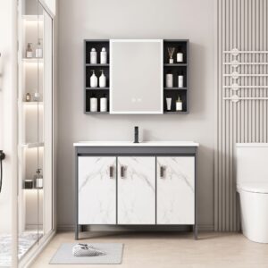 Ensemble Meuble de Salle de Bain sur Pieds Effet Marbre avec Armoire de Toilette LED - Modèle 2029 (Gris Foncé / Marbre Blanc)