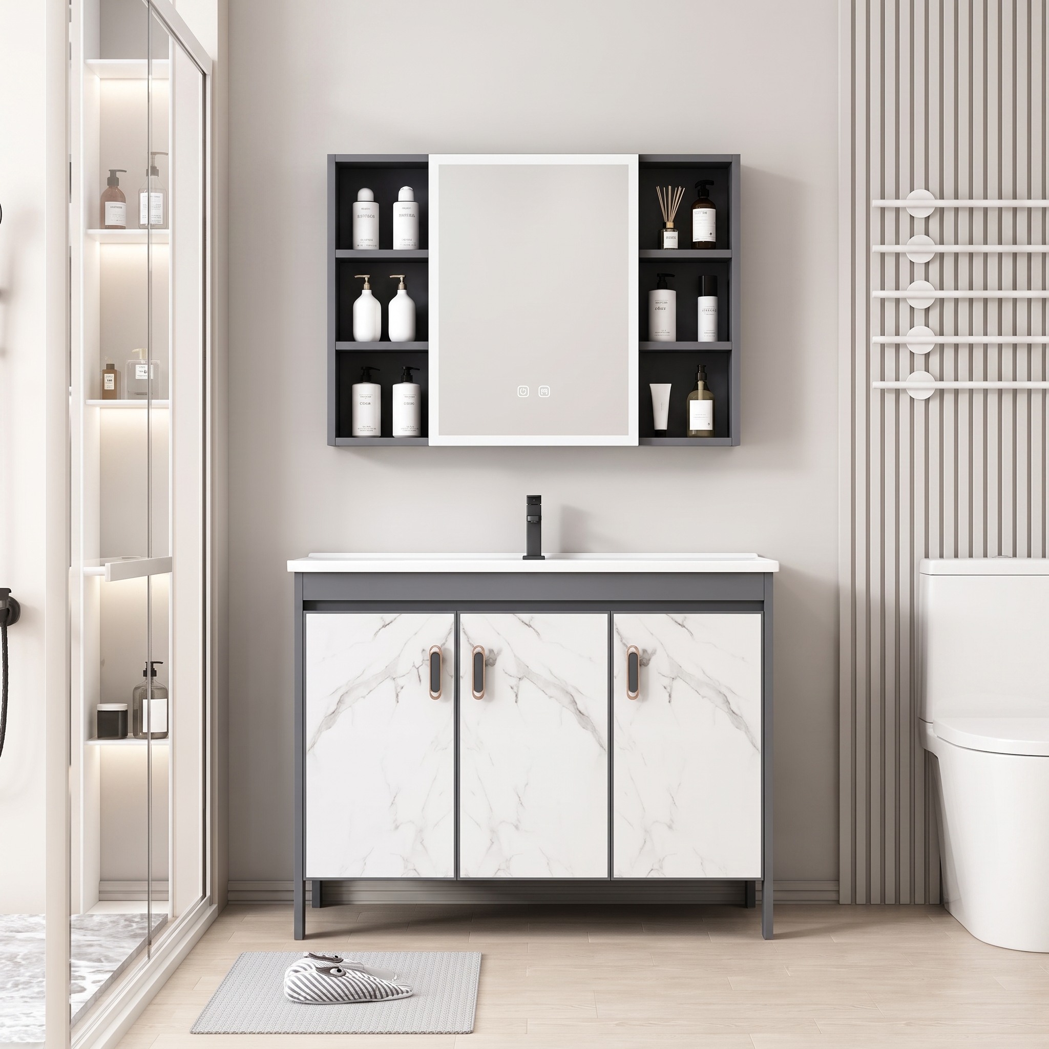 Pack Ensemble Meuble de Salle de Bain sur Pieds Effet Marbre avec Armoire de Toilette LED - Modèle 2029 (Gris Foncé / Marbre Blanc)