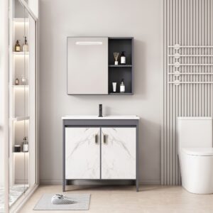 Ensemble Meuble de Salle de Bain sur Pieds Effet Marbre avec Armoire de Toilette LED Intégrée - 70 cm (Gris Foncé / Marbre Blanc)
