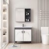 Pack Ensemble Meuble de Salle de Bain sur Pieds Effet Marbre avec Armoire de Toilette LED Intégrée - 60 cm (Gris Foncé / Marbre Blanc)