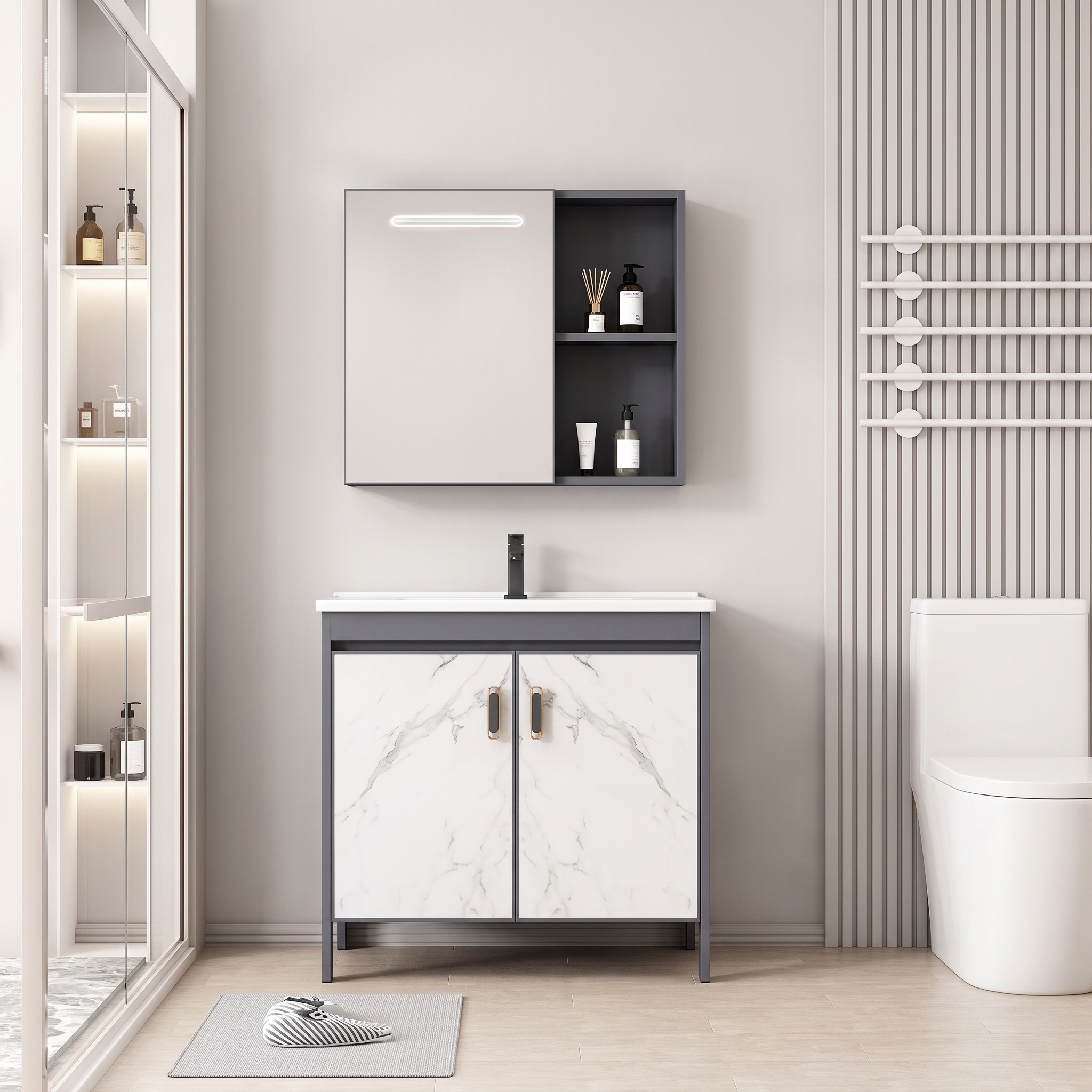 Pack Ensemble Meuble de Salle de Bain sur Pieds Effet Marbre avec Armoire de Toilette LED Intégrée - 60 cm (Gris Foncé / Marbre Blanc)