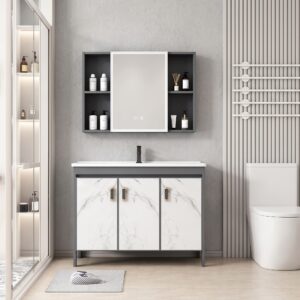 Ensemble Meuble de Salle de Bain Spacieux sur Pieds Effet Marbre avec Grande Armoire de Toilette LED Symétrique - 100 cm (Gris Foncé / Marbre Blanc)