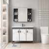 Pack Ensemble Meuble de Salle de Bain Familial sur Pieds Effet Marbre avec Grande Armoire de Toilette LED Symétrique - 120 cm (Gris Foncé / Marbre Blanc)
