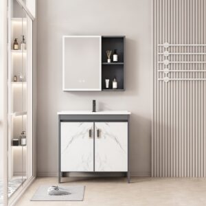 Ensemble Meuble de Salle de Bain sur Pieds Effet Marbre avec Armoire de Toilette LED - 70 cm (Gris Foncé / Marbre Blanc)