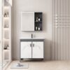 Pack Ensemble Meuble de Salle de Bain Spacieux sur Pieds Effet Marbre avec Armoire de Toilette LED - 80 cm (Gris Foncé / Marbre Blanc)