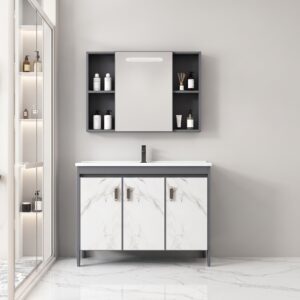 Ensemble Meuble de Salle de Bain Familial sur Pieds Effet Marbre avec Grande Armoire de Toilette LED Symétrique - 100 cm (Gris Foncé / Marbre Blanc)
