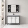 Pack Ensemble Meuble de Salle de Bain Familial sur Pieds Effet Marbre avec Grande Armoire de Toilette LED Intégrée - 120 cm (Gris Foncé / Marbre Blanc)