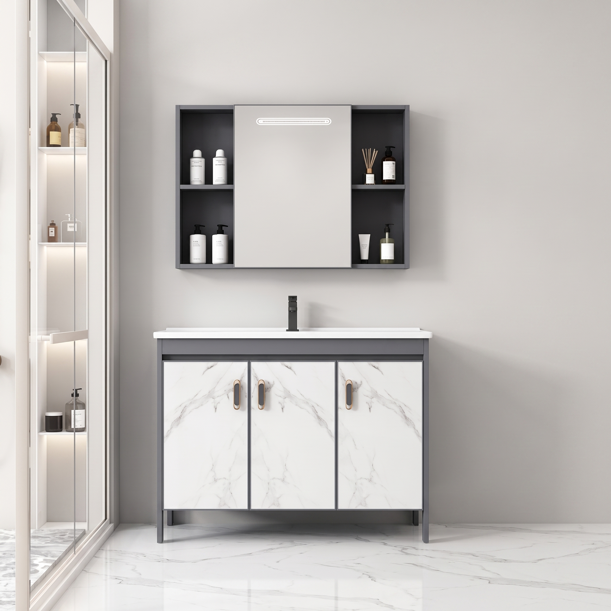 Pack Ensemble Meuble de Salle de Bain sur Pieds Effet Marbre avec Armoire de Toilette LED Symétrique - 90 cm (Gris Foncé / Marbre Blanc)