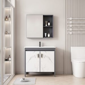 Ensemble Meuble de Salle de Bain sur Pieds Effet Marbre avec Armoire de Toilette - 70 cm (Gris Foncé / Marbre Blanc)