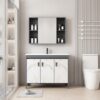 Pack Ensemble Meuble de Salle de Bain Spacieux sur Pieds Effet Marbre avec Armoire de Toilette Symétrique - 100 cm (Gris Foncé / Marbre Blanc)