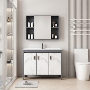 Ensemble Meuble de Salle de Bain Spacieux sur Pieds Effet Marbre avec Armoire de Toilette Symétrique - 90 cm (Gris Foncé / Marbre Blanc)