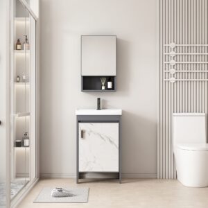 Ensemble Meuble de Salle de Bain Ultra-Compact sur Pieds Effet Marbre avec Armoire de Toilette et Niche - 40 cm (Gris Foncé / Marbre Blanc)
