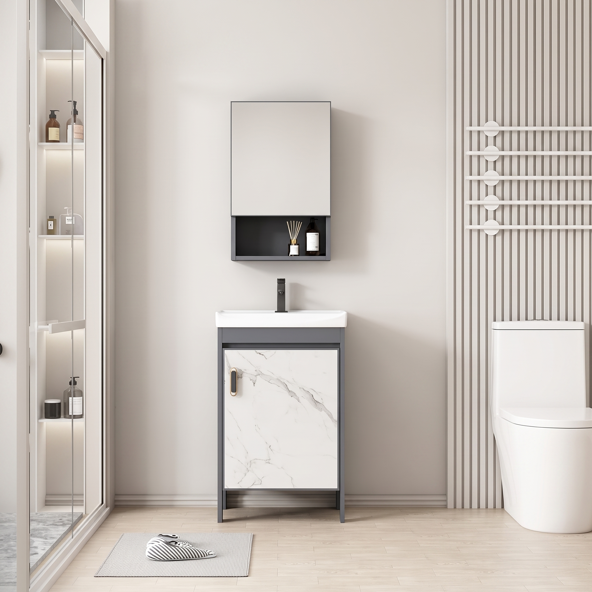 Pack Ensemble Meuble de Salle de Bain Ultra-Compact sur Pieds Effet Marbre avec Armoire de Toilette et Niche - 40 cm (Gris Foncé / Marbre Blanc)