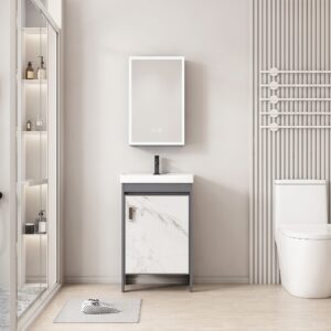 Ensemble Meuble de Salle de Bain Compact sur Pieds Effet Marbre avec Armoire de Toilette LED - 50 cm (Gris Foncé / Marbre Blanc)