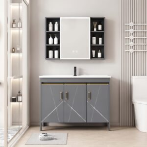 Ensemble Meuble de Salle de Bain sur Pieds Design Géométrique avec Armoire de Toilette LED - Modèle 2030 (Gris)