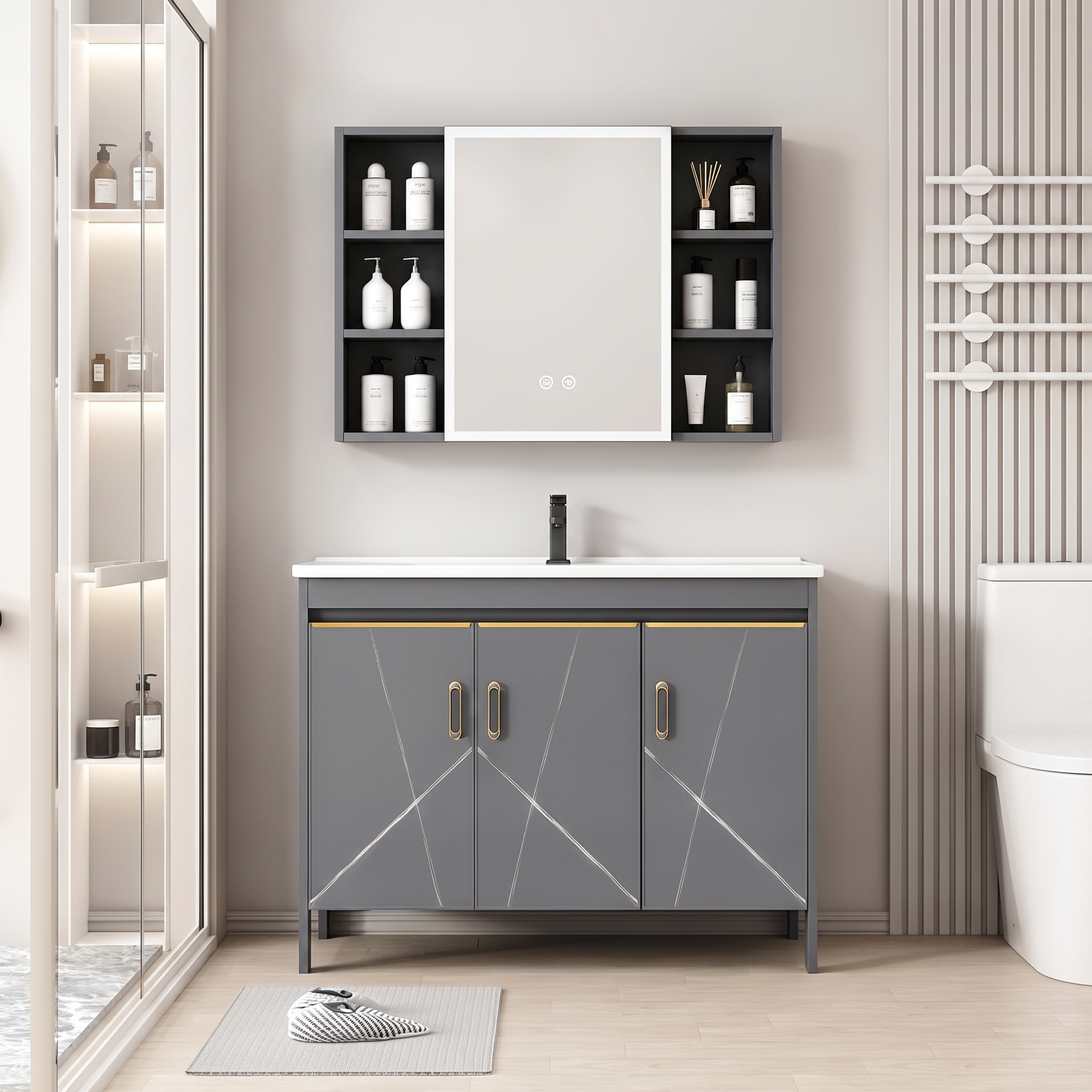 Pack Ensemble Meuble de Salle de Bain sur Pieds Design Géométrique avec Armoire de Toilette LED - Modèle 2030 (Gris)