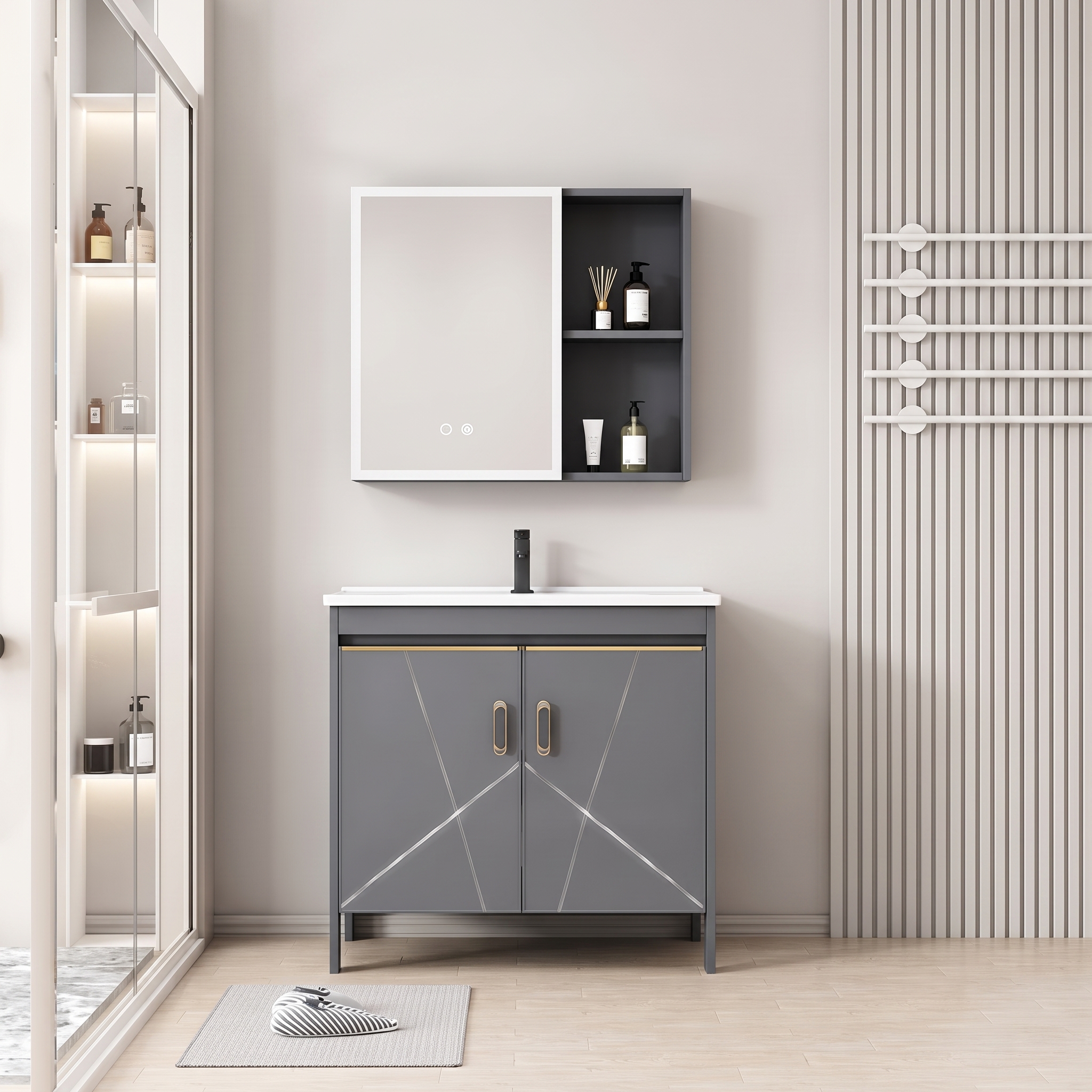 Pack Ensemble Meuble de Salle de Bain Design Géométrique sur Pieds avec Armoire de Toilette LED - 70 cm (Gris)