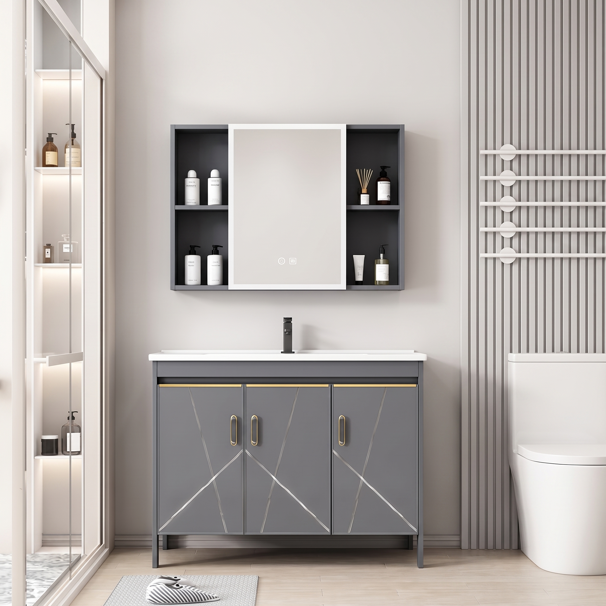 Pack Ensemble Meuble de Salle de Bain Familial sur Pieds Design Géométrique avec Armoire de Toilette LED Symétrique - 100 cm (Gris)