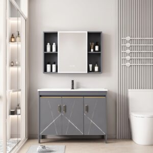 Ensemble Meuble de Salle de Bain Familial sur Pieds Design Géométrique avec Grande Armoire de Toilette LED Symétrique - 110 cm (Gris)