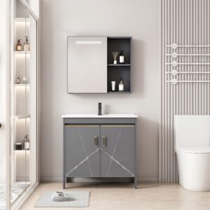 Ensemble Meuble de Salle de Bain Spacieux sur Pieds Design Géométrique avec Armoire de Toilette LED Intégrée - 80 cm (Gris)