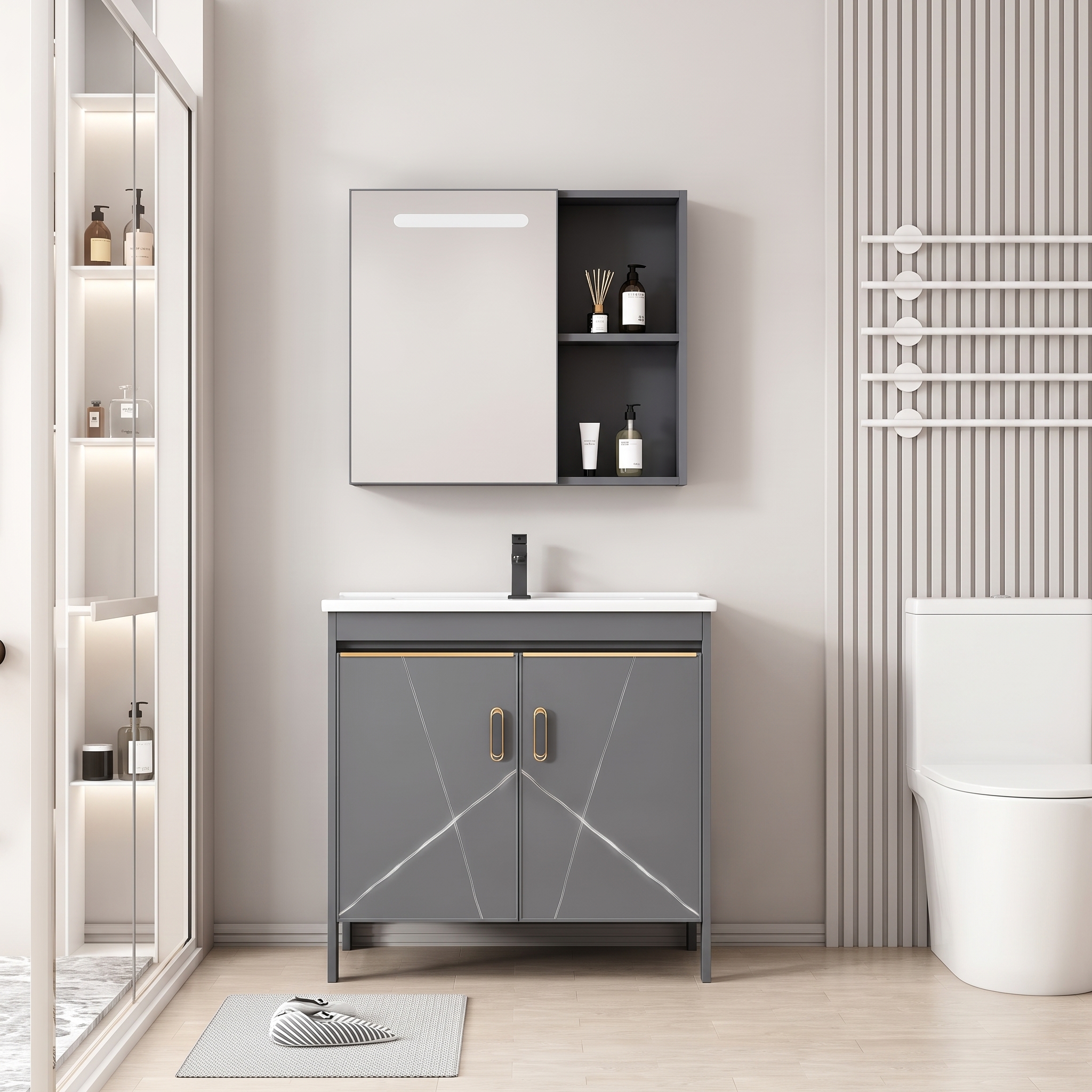 Pack Ensemble Meuble de Salle de Bain sur Pieds Design Géométrique avec Armoire de Toilette LED - 60 cm (Gris)
