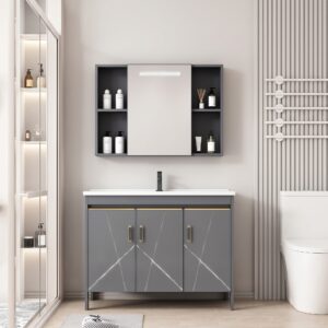 Ensemble Meuble de Salle de Bain Familial sur Pieds Design Géométrique avec Grande Armoire de Toilette LED Symétrique - 100 cm (Gris)