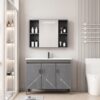 Pack Ensemble Meuble de Salle de Bain Spacieux sur Pieds Design Géométrique avec Armoire de Toilette LED Symétrique - 90 cm (Gris)