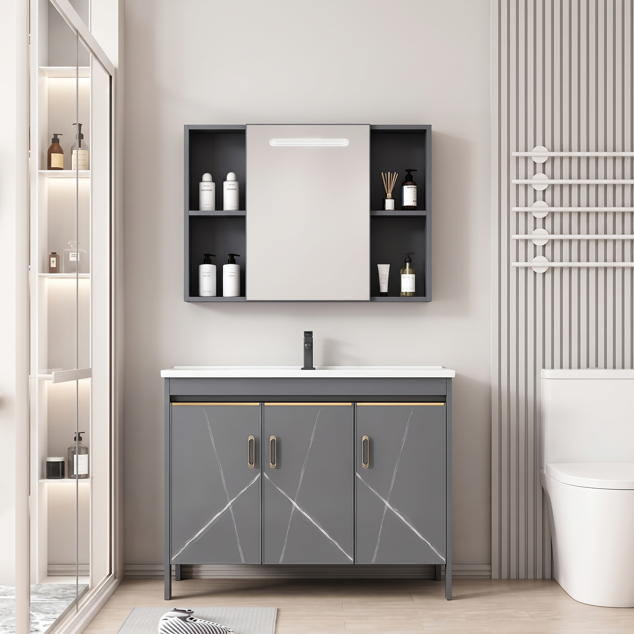 Pack Ensemble Meuble de Salle de Bain Familial sur Pieds Design Géométrique avec Grande Armoire de Toilette LED Intégrée - 120 cm (Gris)