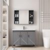 Pack Ensemble Meuble de Salle de Bain Spacieux sur Pieds Design Géométrique avec Armoire de Toilette Symétrique - 90 cm (Gris)