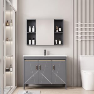 Ensemble Meuble de Salle de Bain Familial sur Pieds Design Géométrique avec Grande Armoire de Toilette Symétrique - 110 cm (Gris)