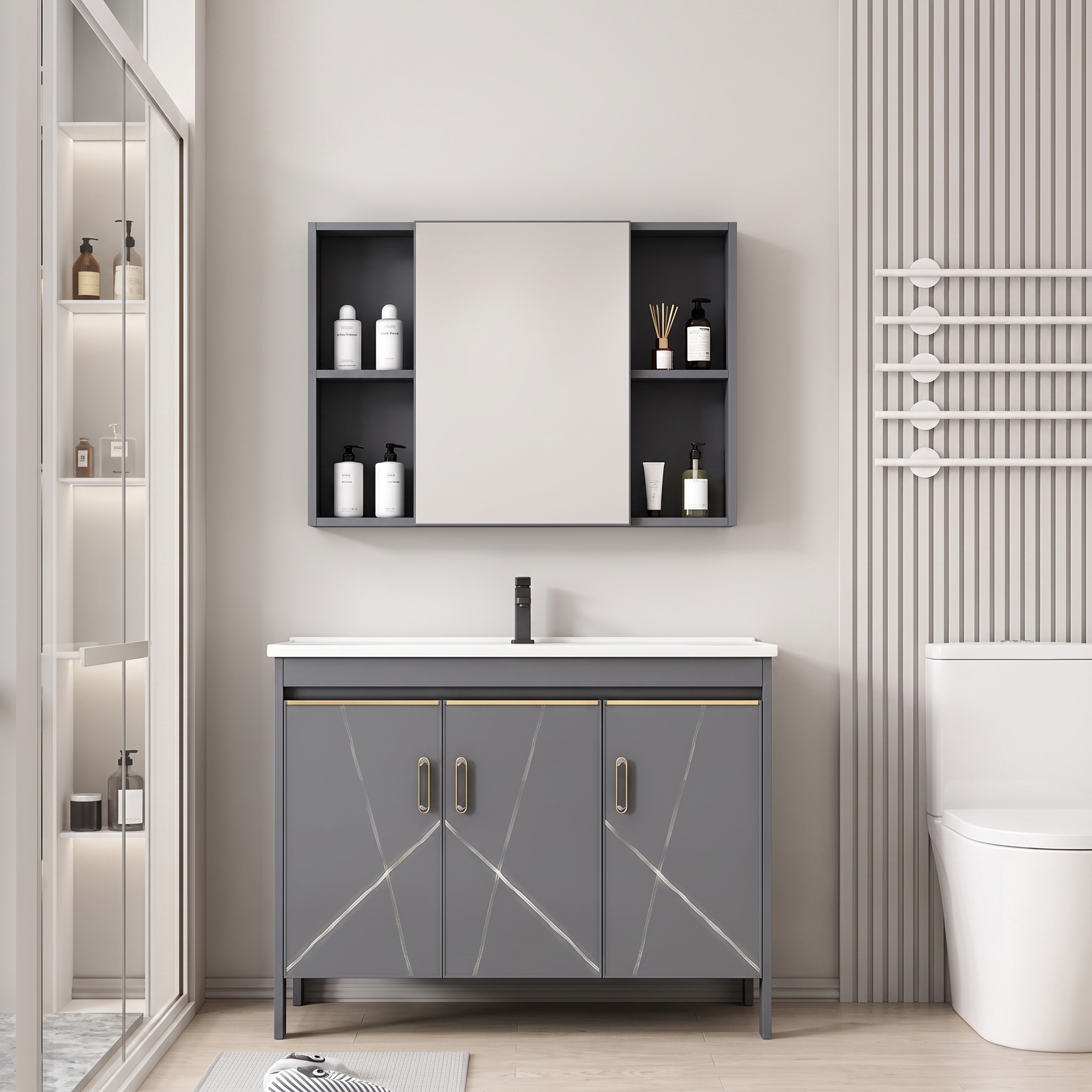 Pack Ensemble Meuble de Salle de Bain Familial sur Pieds Design Géométrique avec Grande Armoire de Toilette Symétrique - 120 cm (Gris)
