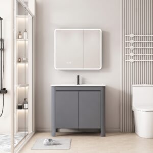 Ensemble Meuble de Salle de Bain Minimaliste sur Pieds avec Armoire de Toilette LED aux Bords Arrondis (Gris)