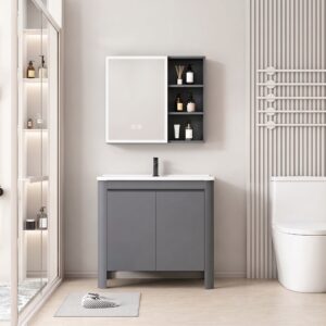 Ensemble Meuble de Salle de Bain Minimaliste sur Pieds aux Bords Arrondis avec Armoire de Toilette LED - 80 cm (Gris)