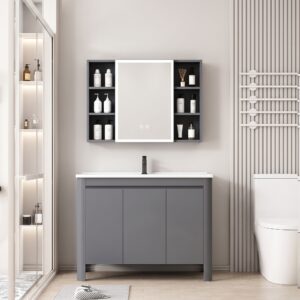 Ensemble Meuble de Salle de Bain Familial sur Pieds aux Bords Arrondis avec Armoire de Toilette LED Symétrique - 100 cm (Gris)