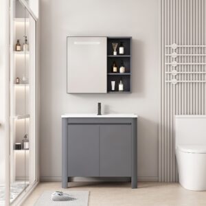 Ensemble Meuble de Salle de Bain Minimaliste sur Pieds aux Bords Arrondis avec Armoire de Toilette LED Intégrée - 60 cm (Gris)