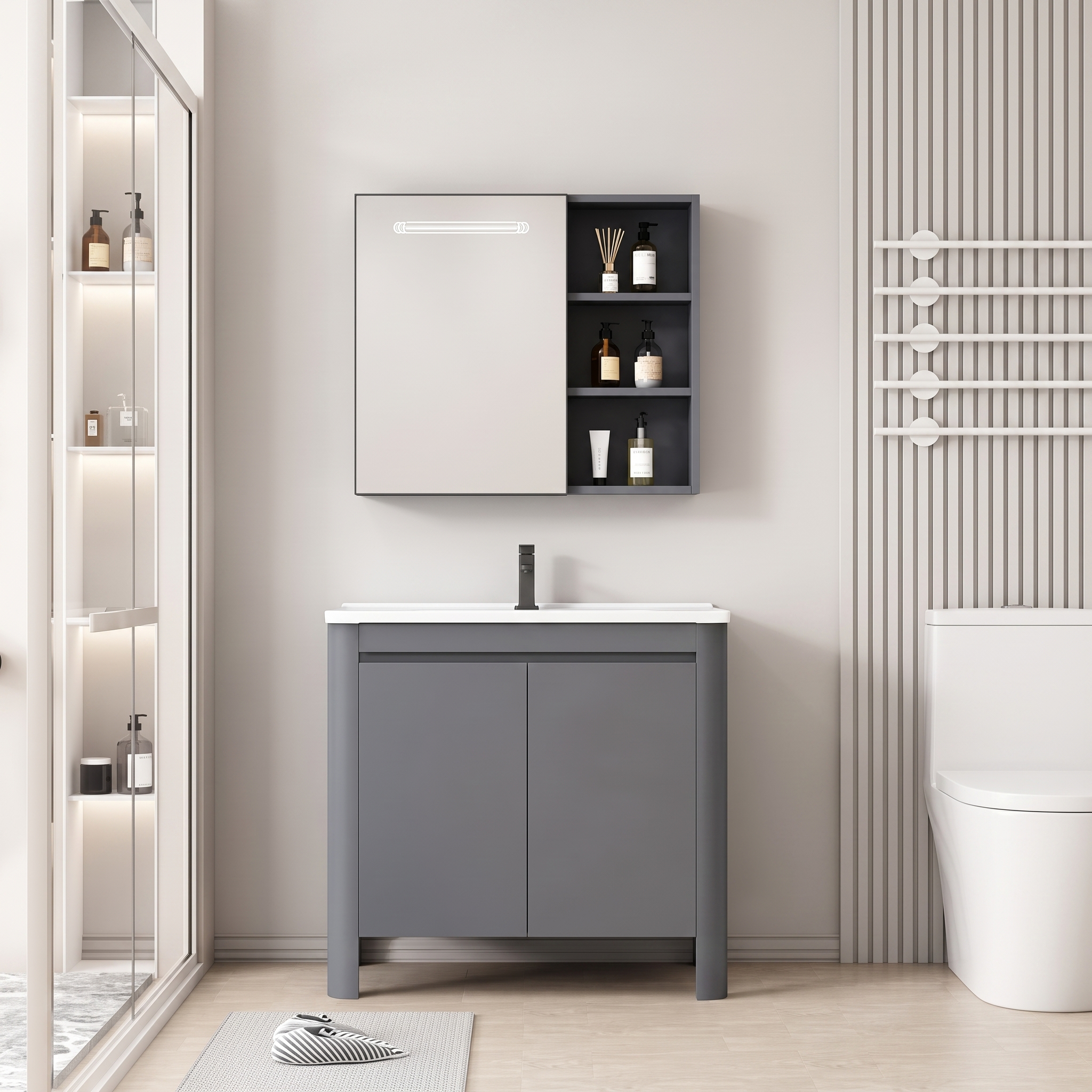 Pack Ensemble Meuble de Salle de Bain Minimaliste sur Pieds aux Bords Arrondis avec Armoire de Toilette LED Intégrée - 60 cm (Gris)