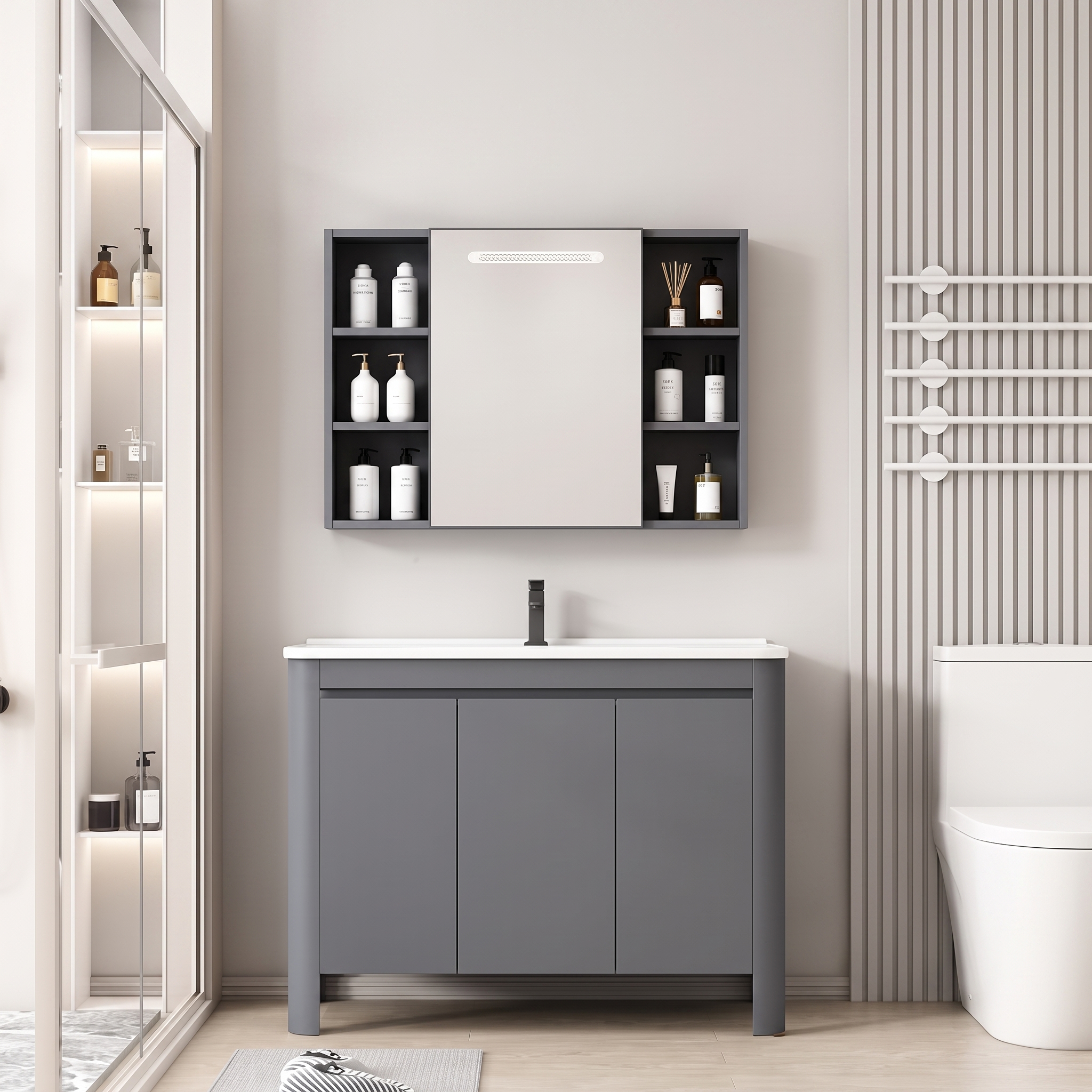 Pack Ensemble Meuble de Salle de Bain Familial sur Pieds aux Bords Arrondis avec Armoire de Toilette à Bandeau LED - 100 cm (Gris)