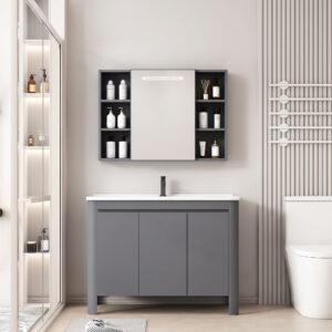 Ensemble Meuble de Salle de Bain Familial sur Pieds aux Bords Arrondis avec Armoire de Toilette à Bandeau LED Symétrique - 90 cm (Gris)