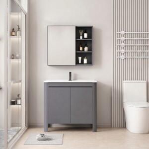 Ensemble Meuble de Salle de Bain Minimaliste sur Pieds aux Bords Arrondis avec Armoire de Toilette - 70 cm (Gris)