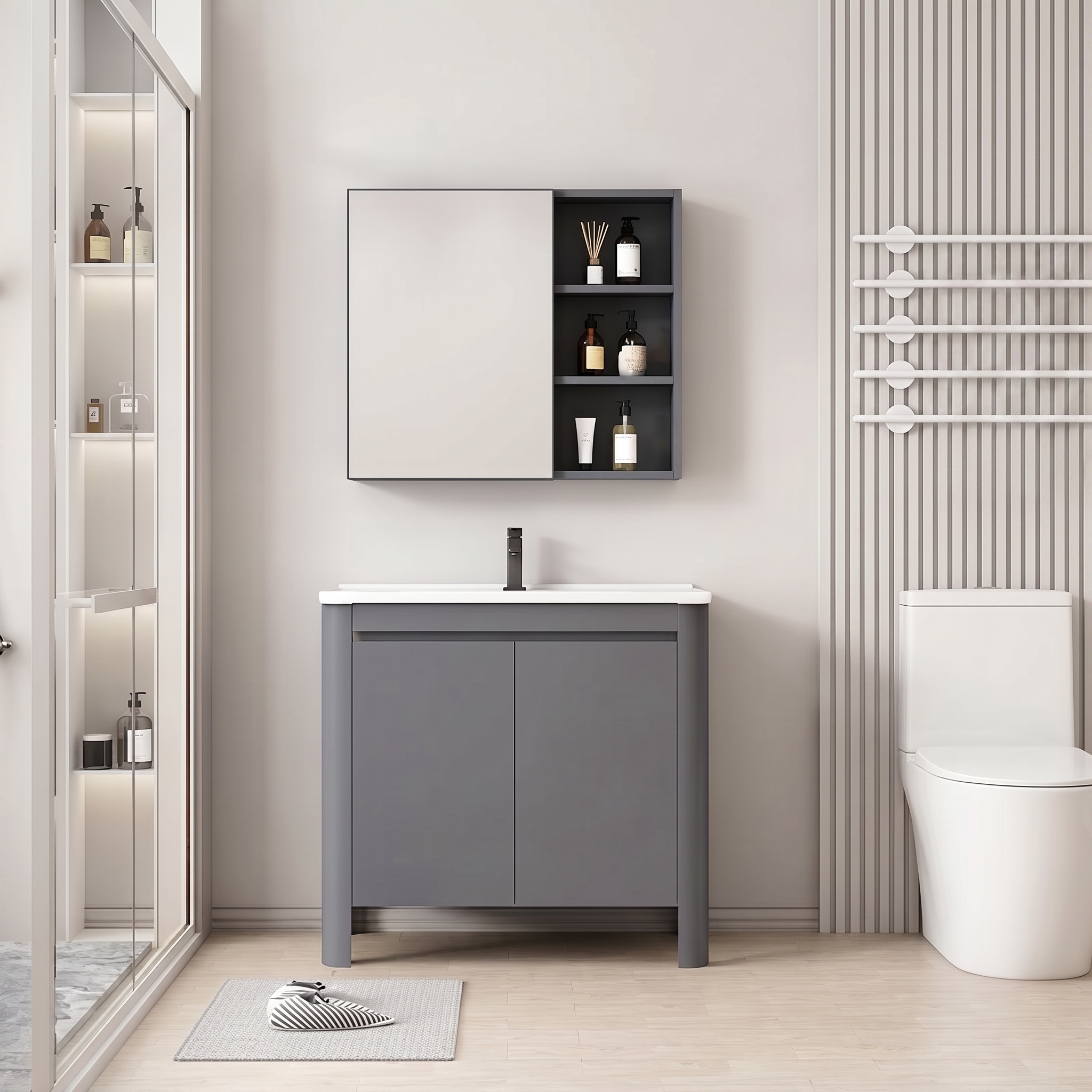 Pack Ensemble Meuble de Salle de Bain Minimaliste sur Pieds aux Bords Arrondis avec Armoire de Toilette - 60 cm (Gris)